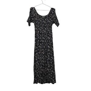 Natural Life Floral Tiered Smocked Midi Dress Medium Black Boho Off The Shoulder